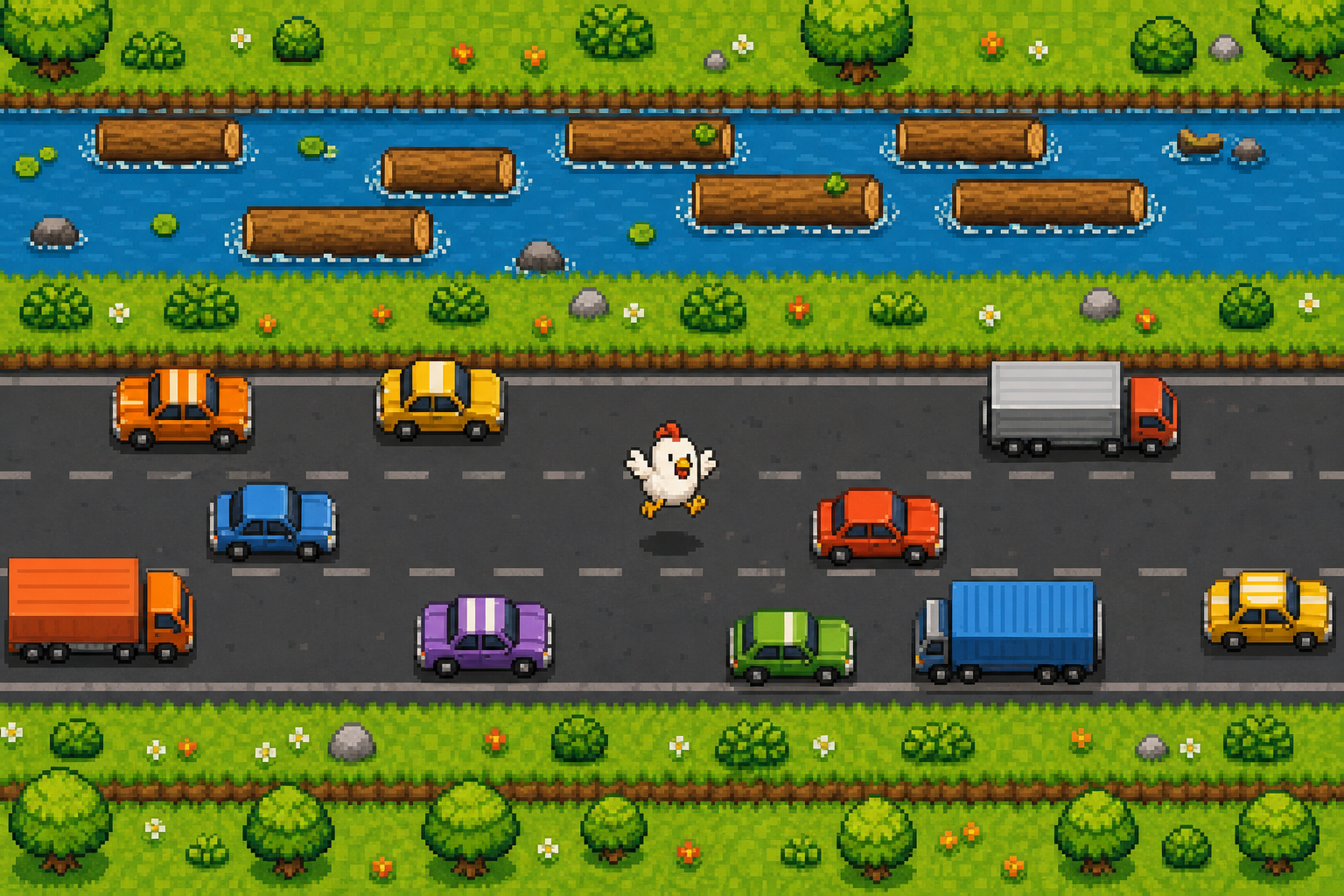 Pixel-art chicken hopping across a busy road and log-filled river in a Crossy Road style game